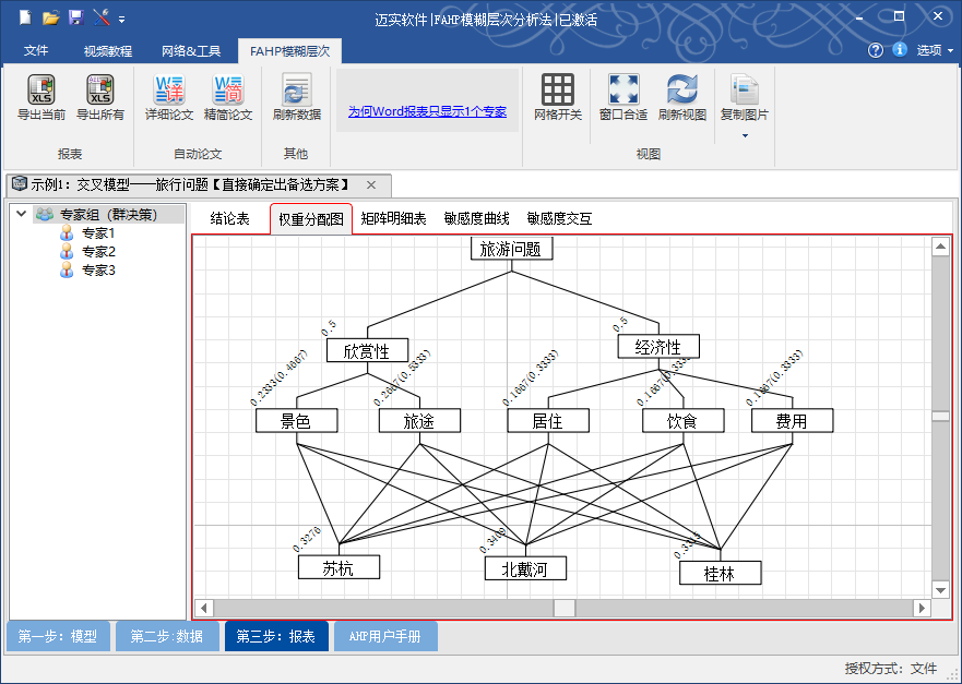 功能超级强大的迈实fahp模糊层次分析法软件的权重分配图